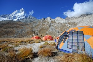 USB Solar Charger mounted on tent in the mountains